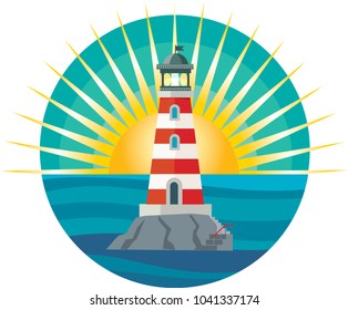 emblem with lighthouse and morning sun