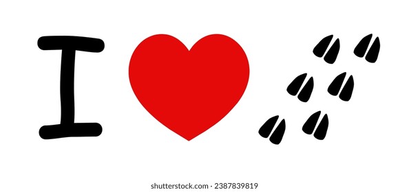 Emblem I Like Horses, Animals. Symbol of love for animals. Red heart shape and horse hoof foot prints. Vector isolated. Postcard, icon, print, textile, stationery, sticker. I like deers.