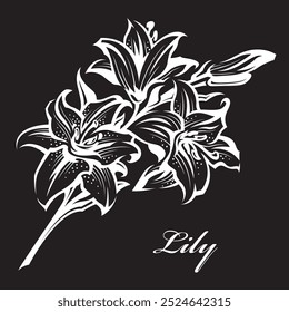 emblem of lily bud for flower shop isolated on black background