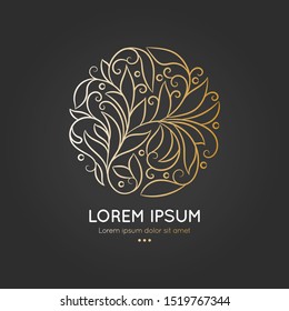 Emblem with a linear leaf ornament in a circle shape. Can be used as monogram and logo. Luxury vintage vector template with elegant elements. Great for wallpaper or background decoration.