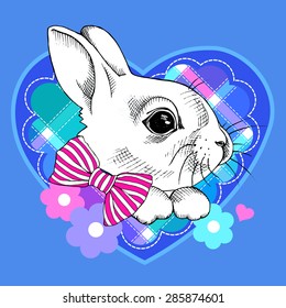 Emblem of a little bunny with tie and flowers in blue heart. Vector illustration.