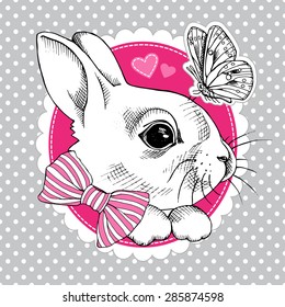 Emblem of a little bunny with tie, heart, butterfly in pink circle. Vector illustration.