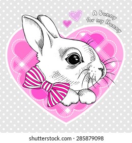 Emblem of a little rabbit with tie in pink heart. Vector illustration.