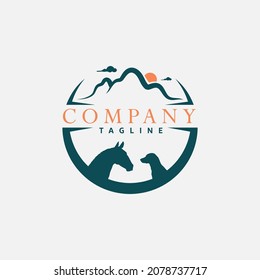 Emblem logo for animal care, especially horses and dogs. It is circular in shape and has a mountain view in it.