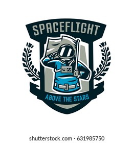 Emblem, logo, an astronaut salutes and holds a flag. Flight to the moon, space, intergalactic journey, universe, shield. Vector illustration, printing on T-shirts