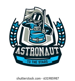 Emblem, logo, an astronaut salutes and holds a flag. Flight to the moon, space, intergalactic journey, universe, shield. Vector illustration, printing on T-shirts