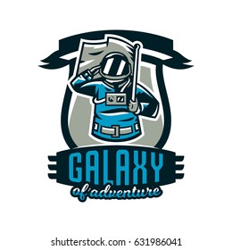 Emblem, logo, an astronaut salutes and holds a flag. Flight to the moon, space, intergalactic journey, universe, shield. Vector illustration, printing on T-shirts