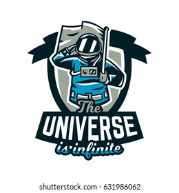 Emblem, logo, an astronaut salutes and holds a flag. Flight to the moon, space, intergalactic journey, universe, shield. Vector illustration, printing on T-shirts