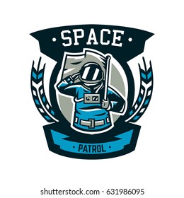 Emblem, logo, an astronaut salutes and holds a flag. Flight to the moon, space, intergalactic journey, universe, shield. Vector illustration, printing on T-shirts