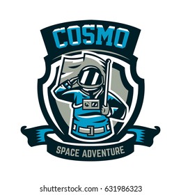 Emblem, logo, an astronaut salutes and holds a flag. Flight to the moon, space, intergalactic journey, universe, shield. Vector illustration, printing on T-shirts