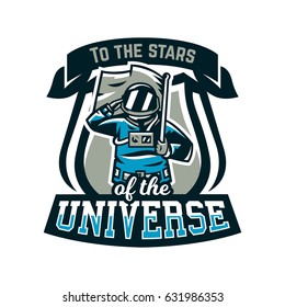 Emblem, logo, an astronaut salutes and holds a flag. Flight to the moon, space, intergalactic journey, universe, shield. Vector illustration, printing on T-shirts