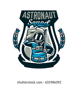 Emblem, logo, an astronaut salutes and holds a flag. Flight to the moon, space, intergalactic journey, universe, shield. Vector illustration, printing on T-shirts