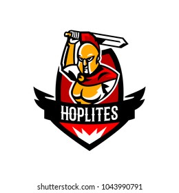 Emblem, logo, badge, Spartan with a sword. Ancient Greek warrior, gold armor, hoplite, Corinthian helmet, soldier, shield. Vector illustration