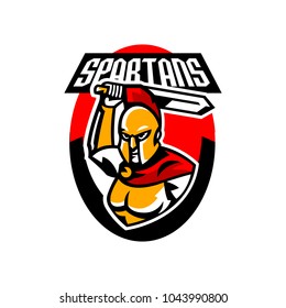 Emblem, logo, badge, Spartan with a sword. Ancient Greek warrior, gold armor, hoplite, Corinthian helmet, soldier, shield. Vector illustration