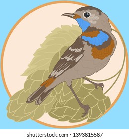 emblem logo beautiful nightingale sitting on a branch of hop cones 