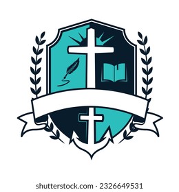 Logo emblema para escuela o academia cristiana con cruz, ancla, hierba, biblia en una cresta con una corona alrededor. Icono de escudo clásico con un cartel vacío para un nombre. Logo sagrado religioso.