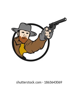 Emblem, logo, cowboy shooting from two revolvers. Wild west, a thug, Texas, a robber, a sheriff, a criminal, a shield. Vector illustration, printing on T-shirts