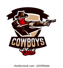 Emblem, logo, cowboy shooting from two revolvers. Wild west, a thug, Texas, a robber, a sheriff, a criminal, a shield. Vector illustration, printing on T-shirts