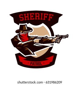 Emblem, logo, cowboy shooting from two revolvers. Wild west, a thug, Texas, a robber, a sheriff, a criminal, a shield. Vector illustration, printing on T-shirts