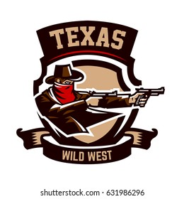 Emblem, logo, cowboy shooting from two revolvers. Wild west, a thug, Texas, a robber, a sheriff, a criminal, a shield. Vector illustration, printing on T-shirts
