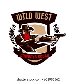 Emblem, logo, cowboy shooting from two revolvers. Wild west, a thug, Texas, a robber, a sheriff, a criminal, a shield. Vector illustration, printing on T-shirts