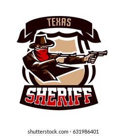 Emblem, logo, cowboy shooting from two revolvers. Wild west, a thug, Texas, a robber, a sheriff, a criminal, a shield. Vector illustration, printing on T-shirts