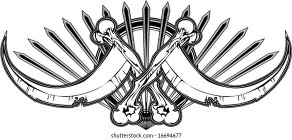 emblem logo of crossed death scythes with bone handles and spike rays vector illustration