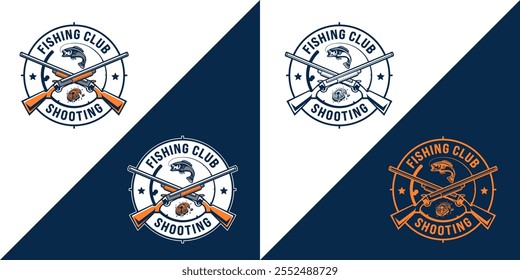Emblema logotipo design para um Fish and Game Club, com uma vara de pesca, argila alvo, veado, peixe baixo, e uma arma para representar as atividades do clube.