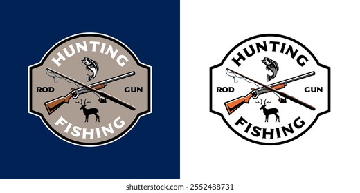 Emblema logotipo design para um Fish and Game Club, com uma vara de pesca, argila alvo, veado, peixe baixo, e uma arma para representar as atividades do clube.