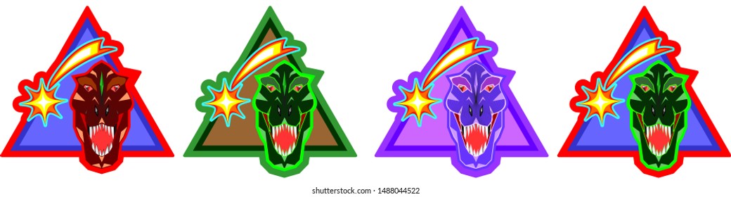 Emblem or logo. Dinosaur head, comet and triangle