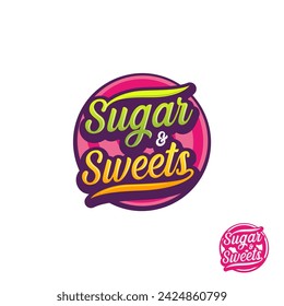 The emblem logo features the words 'Sugar and Sweets' elegantly illustrated in pink. Designed for a confectionery business, promising a delectable array of candies and treats.