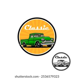 Logo de un emblema que presenta una camioneta pickup clásica ilustrada con la palabra "Classic".