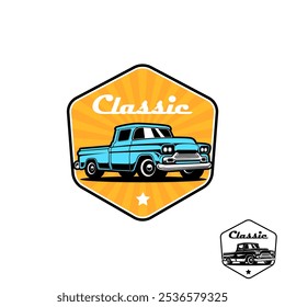 Logo de un emblema que presenta una camioneta pickup clásica ilustrada con la palabra "Classic".