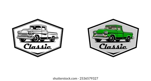 Logo de un emblema que presenta una camioneta pickup clásica ilustrada con la palabra "Classic".