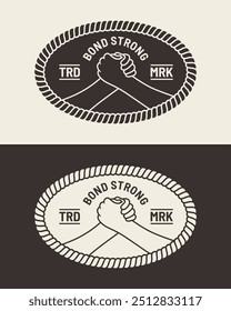 Emblem logo featuring two clasped hands in a firm handshake surrounded by a rope border.
