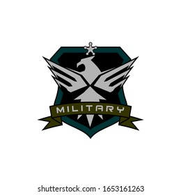 emblem logo of flying eagle in badge shield. logo design template for military, tactical, armory, veteran, security, team.