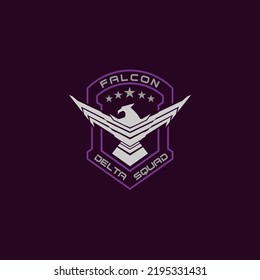 emblem logo of flying eagle in badge shield. logo design template for military, tactical, armory, veteran, security, team.