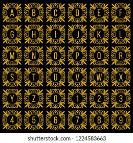 emblem logo with Gold font (initial). Vector alphabet letters and numbers. Typeface design. 