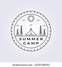 Emblem logo line art vector illustration design summer camp and outdoor adventure