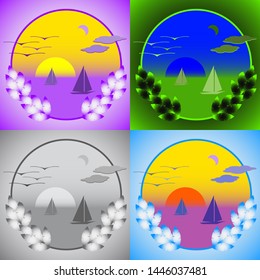 Emblem or logo in multicolor, evening seascape with seagulls and sailing yachts
