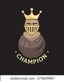 Emblem, logo on the theme of football. Knight's helmet and soccer ball together. Champion.
