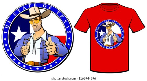 Emblem, logo, print for T-shirt. A Texas cowboy with a hat and jeans.