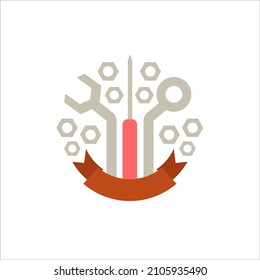 Emblema el logotipo con un destornillador y se ríe con espacio de copia de marca. Adecuado para la marca. productos, empresas, empresas u organizaciones de automoción, ingeniería o maquinaria.