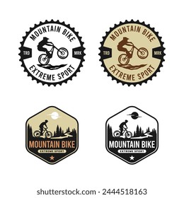 the emblem logo showcasing a mountain bike motif, incorporating elements such as chainrings, pines tree and MTB biker. This design ideal for enthusiasts and businesses in the biking industry.