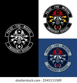 An emblem logo shows "Emergency Services" and features a mask, fire helmet, medical cross, and lightning bolt, symbolizing "Police, Fire, and Medical"