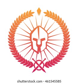 emblem, logo with spartan helmet on white, vector illustration