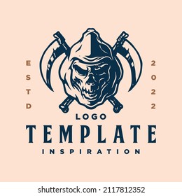 Emblem, logo template with devil skull. Monochrome design element with human skull, and crossed scythe swords. Gothic or horror concept for label, stamp, tattoo template, esport logo.