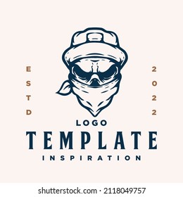 Emblem, Logo template with hipster human skull head. Monochrome design element with human skull and masked hat. Gothic or horror concept for label, stamp, tattoo template, esport logo