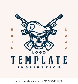 Emblem, Logo template with human skull head soldiers. Monochrome design element with human skull and crossed weapons. Gothic or horror concept for label, stamp, tattoo template, esport logo