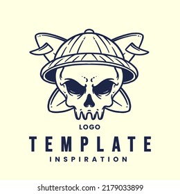 Emblem, Logo template with human skull head. Monochrome design element with skull and accessories like hat, glasses, mechanical key, horn, mask, joker, tree, anchor, crown.